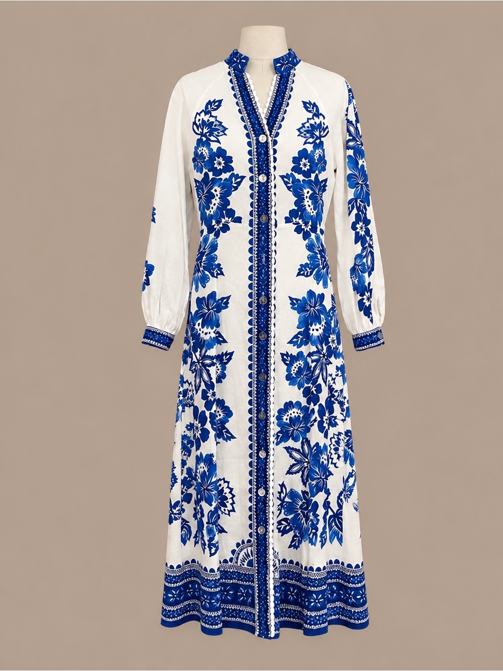 Magaschoni 100% Linen Blue / White Floral Button Front Midi Dress Women’s